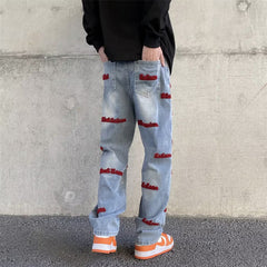 Men Jeans Embroidered Letters Straight-Leg Pants Vintage Jeans
