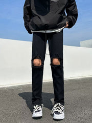 Men Jeans Black Ripped Zipper Jeans Summer Straight-Leg Trousers