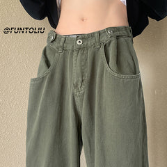 Men Jeans Green Washed Jeans Men's Autumn Width Straight-Leg Trousers