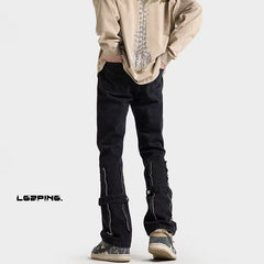 Men Jeans Spring Straight Casual Trousers Vintage Zipper Bootcut Trousers