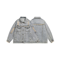 Unisex Jacket Washed Ripped Denim Jacket Loose Lapels Denim Jacket