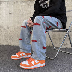 Men Jeans Embroidered Letters Straight-Leg Pants Vintage Jeans