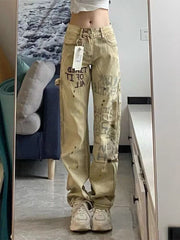 Men Jeans Khaki Splash-Ink Embroidered Jeans Straight-Leg Pants