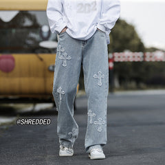 Men Jeans Cross Labeling Vintage Jeans Autumn Leisure Straight-Leg Pants