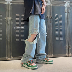 Men Jeans Ripped Jeans Washed Loose Wide Leg