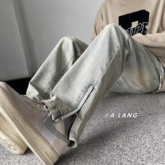 Men Jeans Side Zipper Skinny Jeans Men's Summer Retro Washed Straight-Leg Trousers