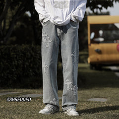 Men Jeans Cross Labeling Vintage Jeans Autumn Leisure Straight-Leg Pants