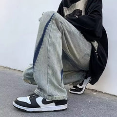 Men Jeans Ripped Jeans Summer Washed Distressed Wide-Leg Straight Pants