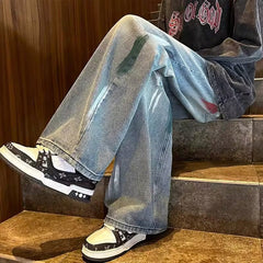 Men Jeans Men's Autumn Washed Distressed Wide-Leg Pants Loose Straight Casual Trousers