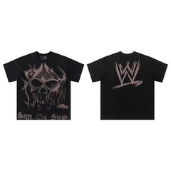 Travis Scott T-Shirt Travis Scott x WWE Flame Skull Letter Print SAGE THE STAGE Short Sleeve T