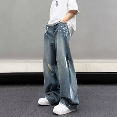 Men Jeans Water Washed Hole Jeans Men's Summer Loose Wide-Leg Straight Pants