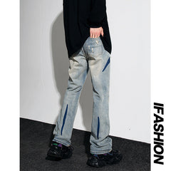 Men Jeans Retro Washed Distressed Loose Straight Hiphop Wide Leg Trousers