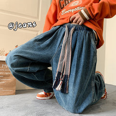 Men Jeans Vintage Dark Blue Jeans Men's Loose plus Size Straight Wide Leg Pants