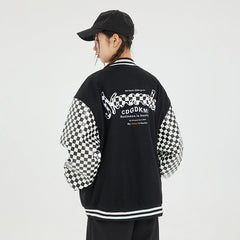 Unisex Jacket Checkerboard PU Leather Baseball Uniform Embroidered Baseball Jacket Jacket