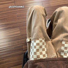 Men Jeans Retro Wide-Leg Pants Chessboard Plaid Jeans
