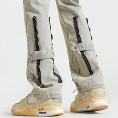 Men Jeans Spring Straight Casual Trousers Vintage Zipper Bootcut Trousers
