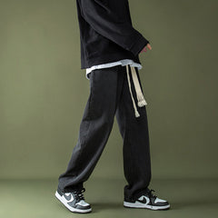 Men Jeans Spring and Autumn Straight Loose Drawstring Pants Retro Wide-Leg Pants