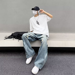 Men Jeans Water Washed Hole Jeans Men's Summer Loose Wide-Leg Straight Pants