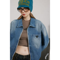Unisex Jacket Retro Washed Denim Jacket Men's and Women's Turn-down Collar Coat Denim Jacket