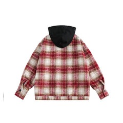 Unisex Jacket Retro Patchwork Plaid Coat for Men and Women Couple Cardigan Hooded Hooded Jacket