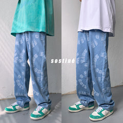 Men Jeans Summer Loose Printed Trousers Casual Wide Leg Pants