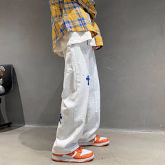 Men Jeans Cross Printed Jeans Men's Loose Straight Wide Leg Pants