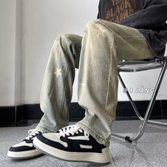 Men Jeans Retro Washed Straight-Leg Pants Loose Casual Pants