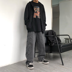 Men Jeans Washed Denim Trousers Elastic Waist Baggy Straight Trousers