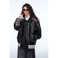 Unisex Jacket Retro Patchwork Plaid Motorcycle Jacket PU Leather Jacket
