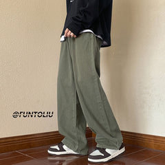 Men Jeans Green Washed Jeans Men's Autumn Width Straight-Leg Trousers