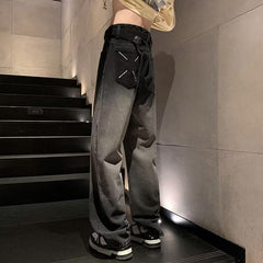 Men Jeans Vintage Black Tie-Dyed Jeans Oversize Wide-Leg Straight Pants