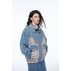 Unisex Jacket Retro Patchwork Plaid Lapel Jacket Baggy Coat