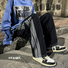 Men Jeans Distressed Straight Wide Leg Jeans Men Autumn Loose Casual Trousers