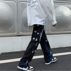 Men Jeans Retro Patchwork Loose Casual Pants