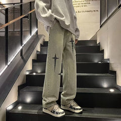 Men Jeans American Vintage Embroidered Jeans Baggy Straight Trousers