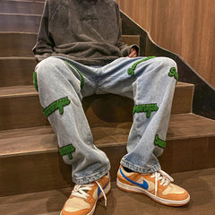 Men Jeans Embroidered Washed-out Vintage Jeans Straight-Leg Pants