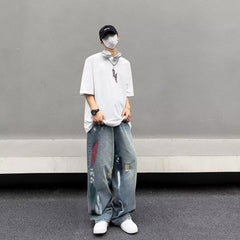 Men Jeans Water Washed Hole Jeans Men's Summer Loose Wide-Leg Straight Pants