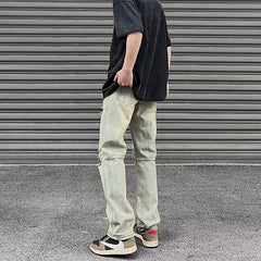 Men Jeans Summer Ripped Slim-Fitting Straight Pants Casual Pants