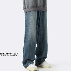 Men Jeans Loose Straight Casual Trousers Ancient Washed Distressed Wide-Leg Pants