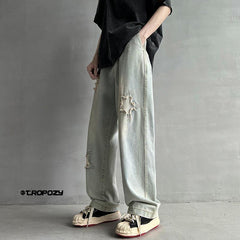 Men Jeans Five-Pointed Star Summer Washed-out Vintage Wide Leg Denim Trousers
