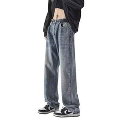 Men Jeans Summer Washed Old Straight Loose-Fitting Wide-Leg Trousers