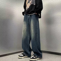 Men Jeans Washed Straight Jeans Spring and Autumn Loose Wide Leg Summer Casual Pants