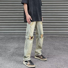 Men Jeans Summer Ripped Slim-Fitting Straight Pants Casual Pants