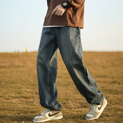 Men Jeans Retro Washed Straight Jeans Spring Loose Wide Leg Casual Pants for Boys