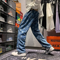 Men Jeans Retro Patchwork Jacquard Jeans Casual Pants