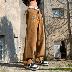Men Jeans Embroidered Jeans Men's Summer Loose Wide Leg Pants Straight-Leg Trousers