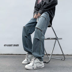 Men Jeans Cargo Jeans Spring and Autumn Zipper Wide Leg Trousers