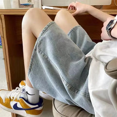 Men Jeans Denim Shorts Summer Retro Casual Baggy Straight Trousers