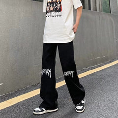 Men Jeans Printed Jeans Men Baggy Straight Trousers