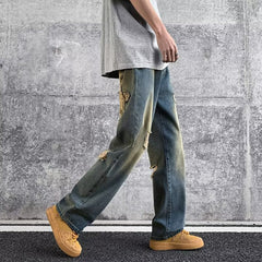 Men Jeans Summer Vintage Vibe Ripped Wide Leg Pants